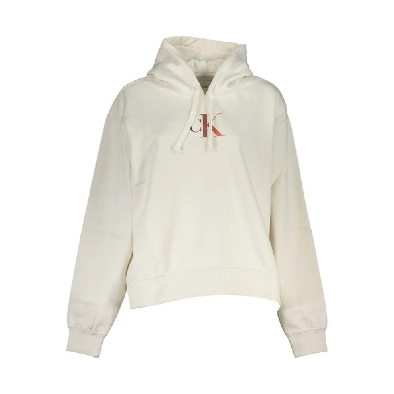 Calvin Klein Chic White Fleece Hooded Sweatshirt Hoodie with Cuffed Sleeves Snug Secure