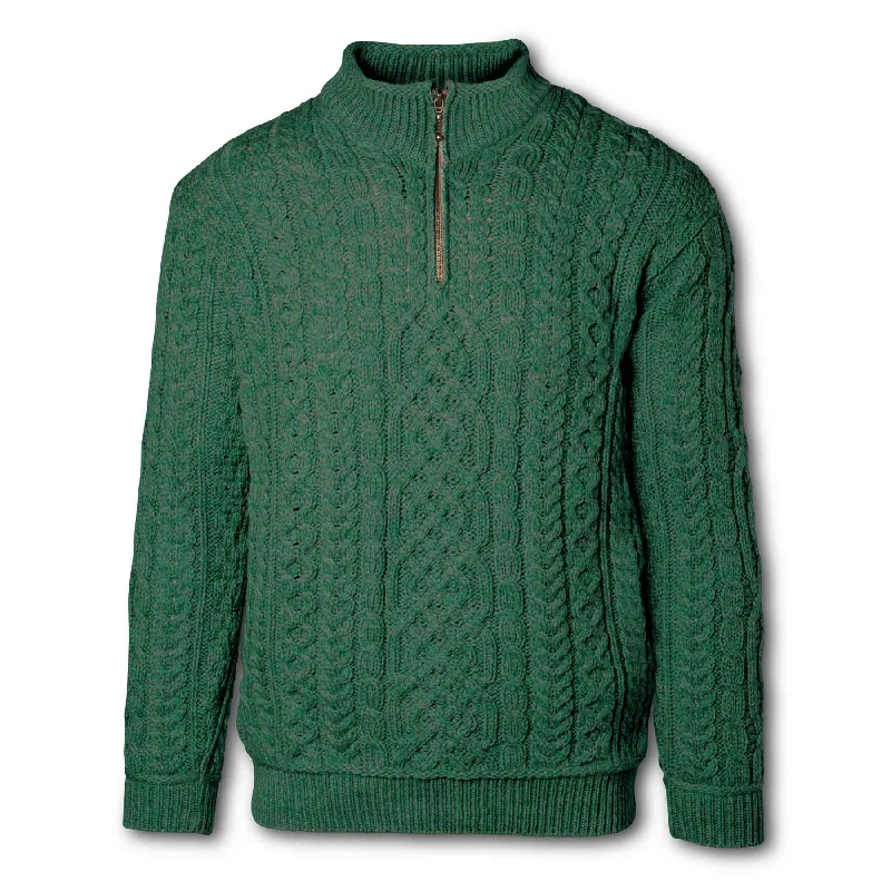 Quarter Zip Irish Aran Knit Sweater- Green Thin Thick Dense