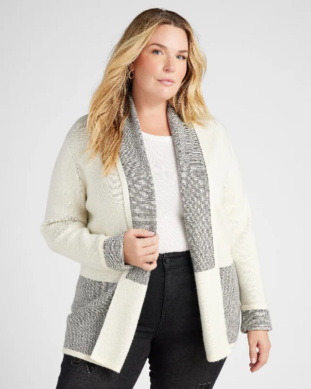 Plus Size Colorblock Drape Sweater Cardigan Spandex Blend Rayon Blend Denim Blend