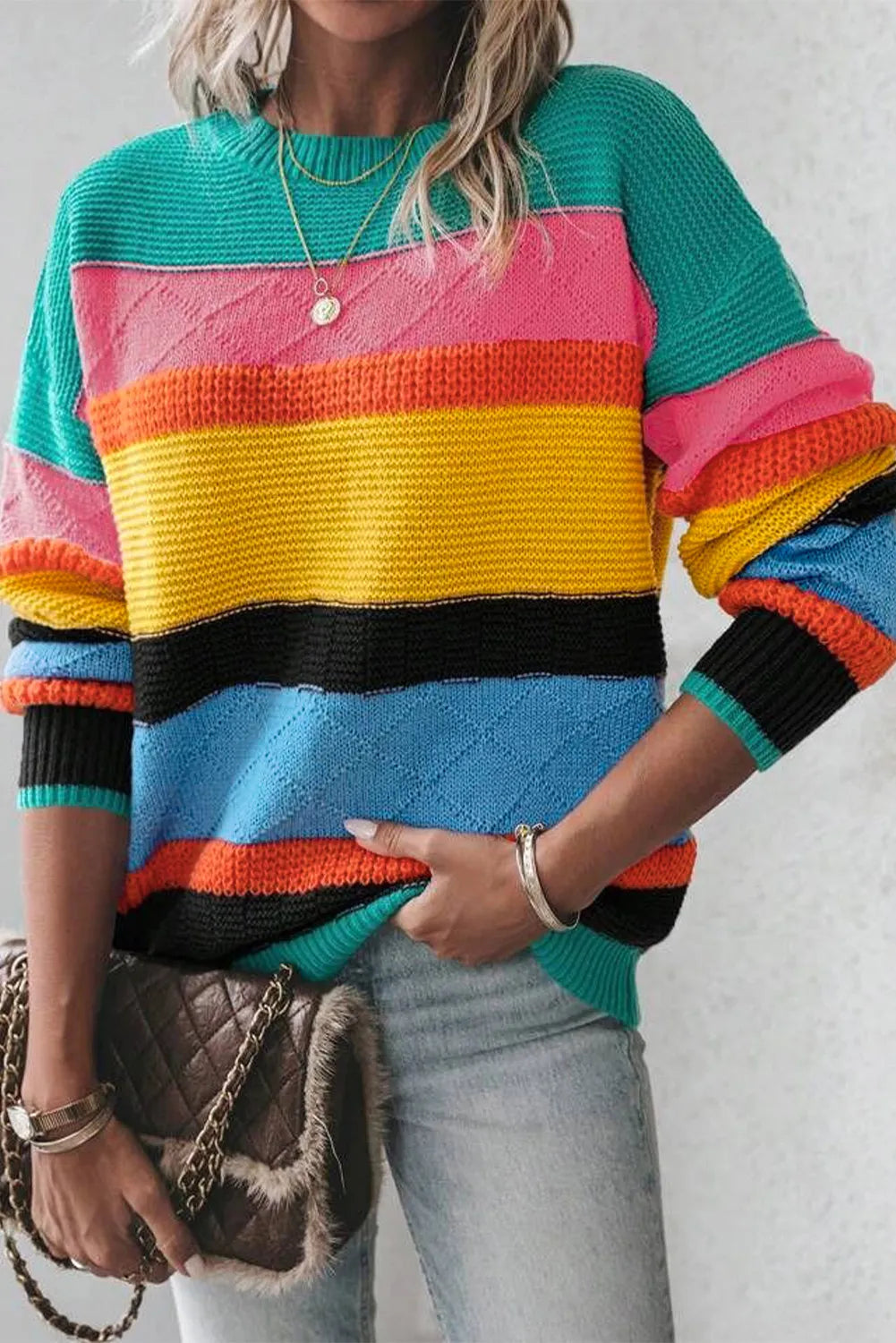 Contrast Striped Sweater in 2 Colors Collared Crew Neck Turtle Neck