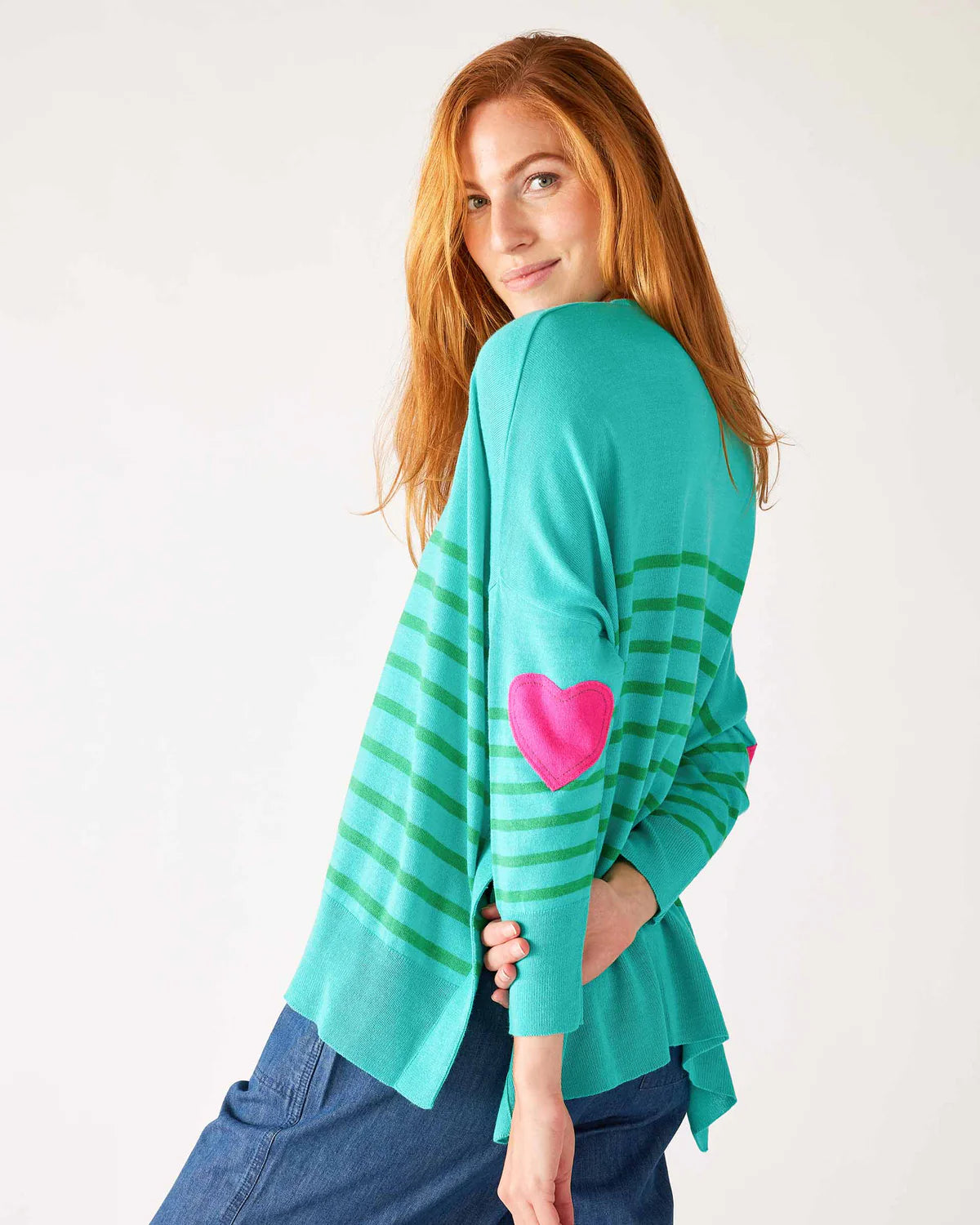 Mersea The Amour Sweater With Heart Patch- Turquoise/Jade Beaded Sweater Sequined Faux Fur