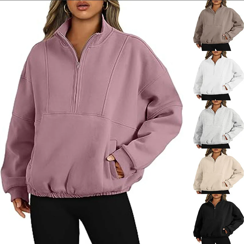 Fashion Polyester Sweater Sports Casual Women's Zipper Pocket Long Sweater Short Sweater Cropped Sweater