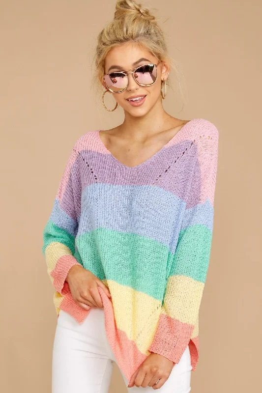 Women's Pastel Stiped Long Sleeve Knitted Sweater Satin Blend Silk Blend Wool Blend