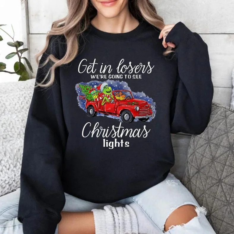 Grinch Christmas Lights Crewneck Sweatshirt Hoodie with Distressed Vintage Worn