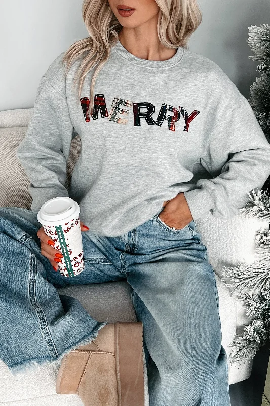 Happy For The Holidays Plaid "Merry" Sweatshirt (Heather Grey) Hoodie with Tie-Dye Psychedelic Retro