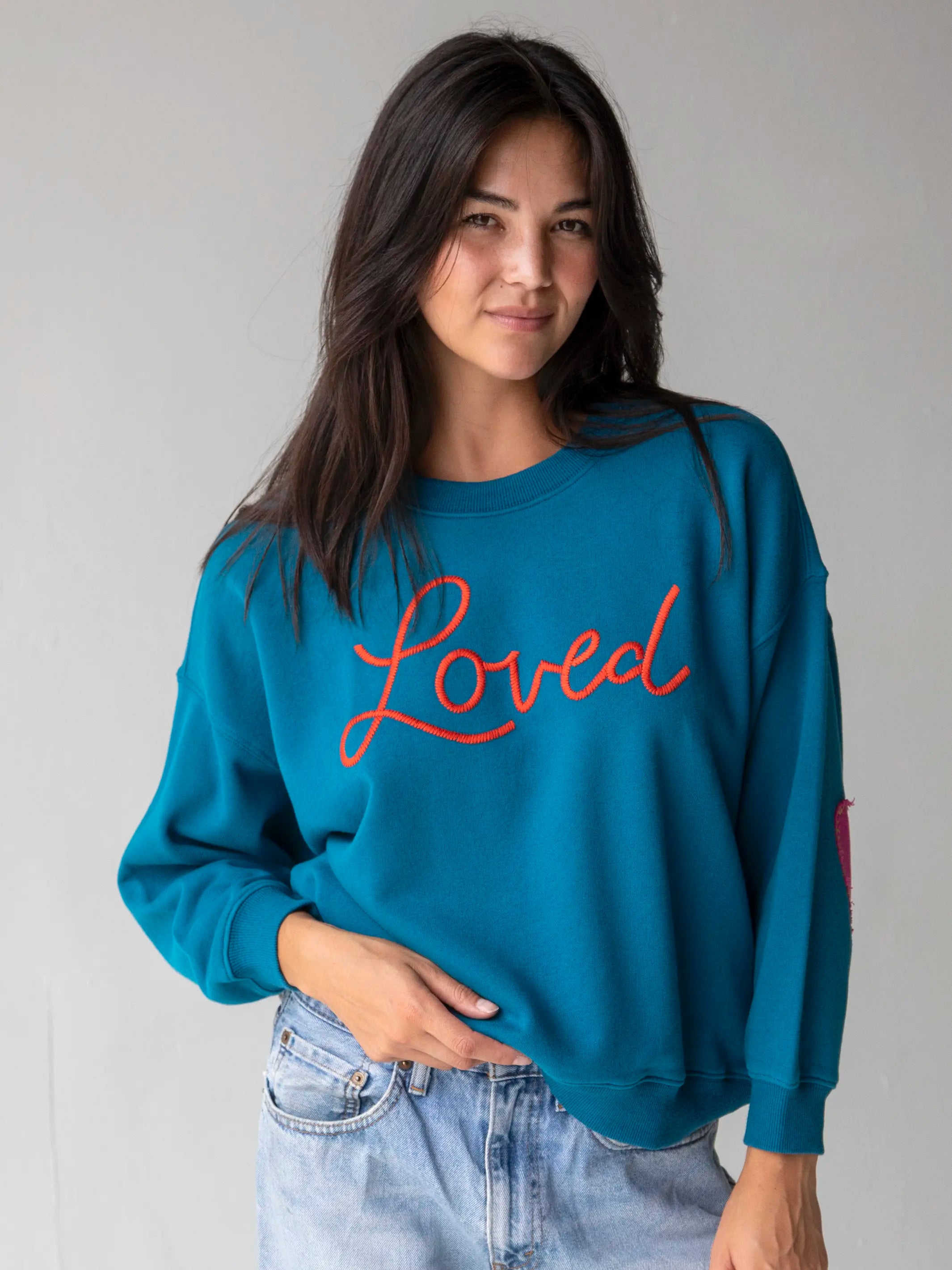 Heart On Your Sleeve Embroidered Sweatshirt - Teal Loved Hoodie with Pastel Soft Subtle