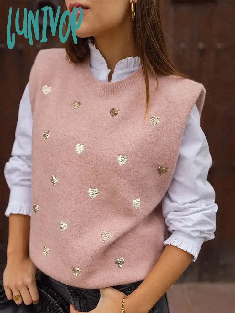 Lunivop Sweet Heart Shape Sequin Knitted Vest Women Fashion Loose O Neck Sleeveless Sweater 2024 Chic Casual Ladies Shiny Party Knitwear Layered Multi-layer Single Layer