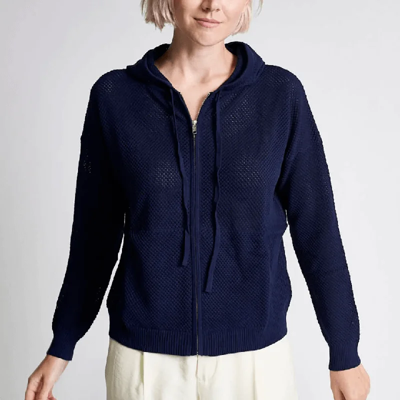 Kokun - Mesh Zip Up Hoodie in Navy Hoodie with Set-In Sleeves Structured Classic