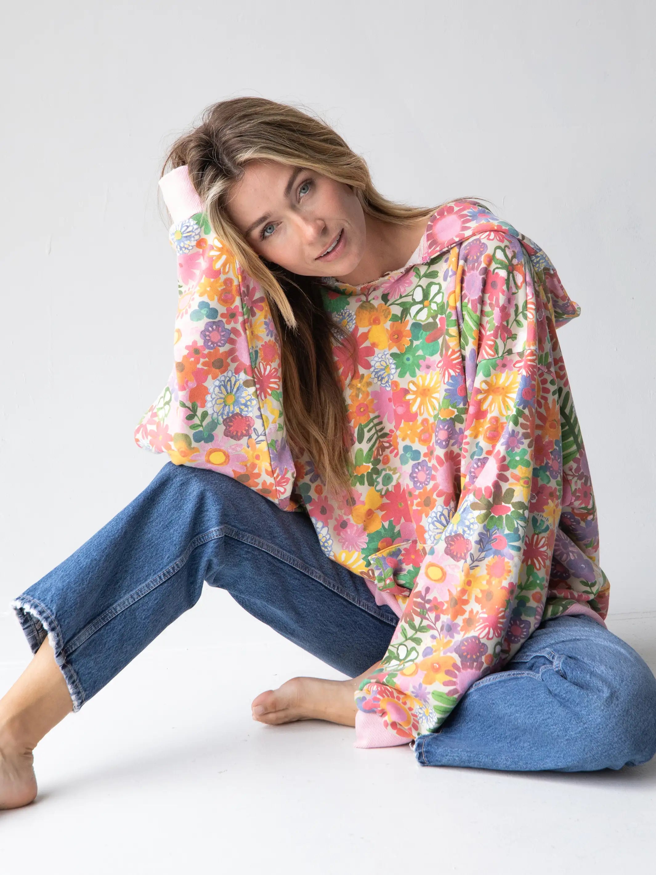 Oversized Printed Sweatshirt - Rainbow Floral Hoodie with Gradient Ombre Colorful