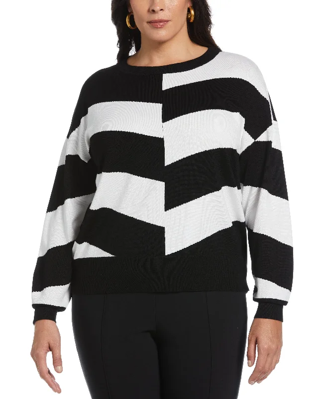 Plus Size Chevron Crew Neck Easy Sweater Print Jacquard Patchwork