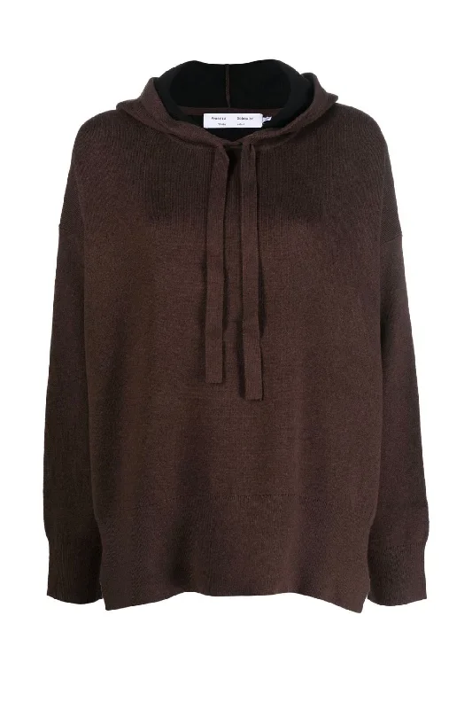 Proenza Schouler White Label Cashmere Blend Knit Hoodie - Dark Brown/ Black Hoodie with Drawstring Waist Adjustable Fitted