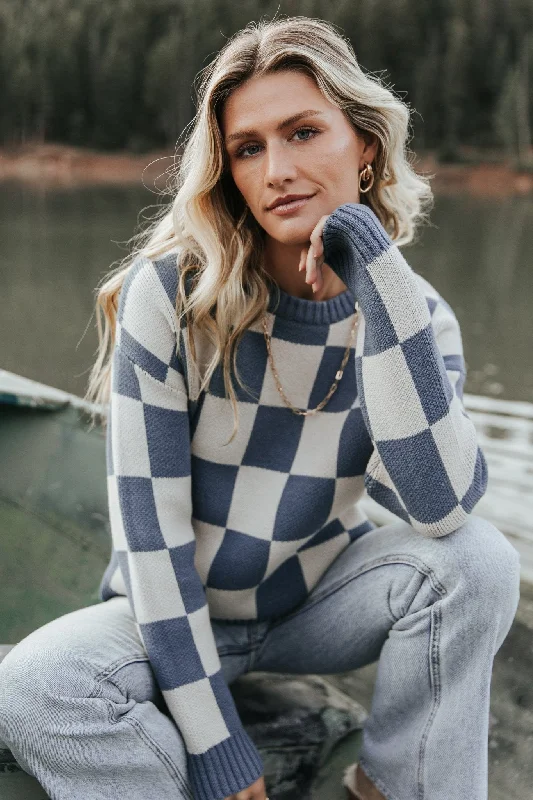 Quincy Checkered Sweater | Blue Striped Floral Plaid