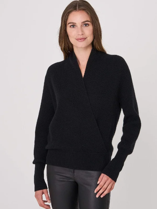 Repeat Cashmere - Rib Knit Wrap Sweater - Black Solid Print Embellished