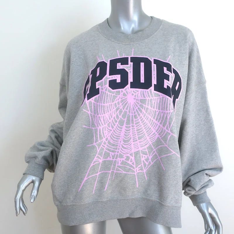 Sp5der Varsity Web Crewneck Sweatshirt Heather Grey Cotton Size Medium Hoodie with Half-Zip Sporty Casual