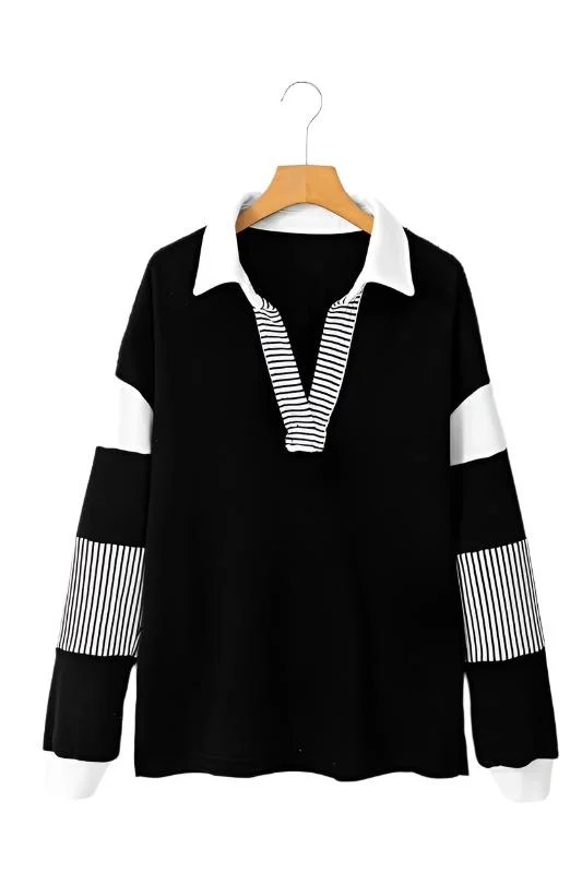 Striped Colorblock Patchwork Collar Sweatshirt Hoodie with Back Slit Movement Comfort