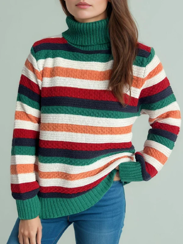 Contrast Stripes Turtleneck Long Sleeve Sweater winter fashion Turtle Neck Boat Neck Asymmetrical Neck