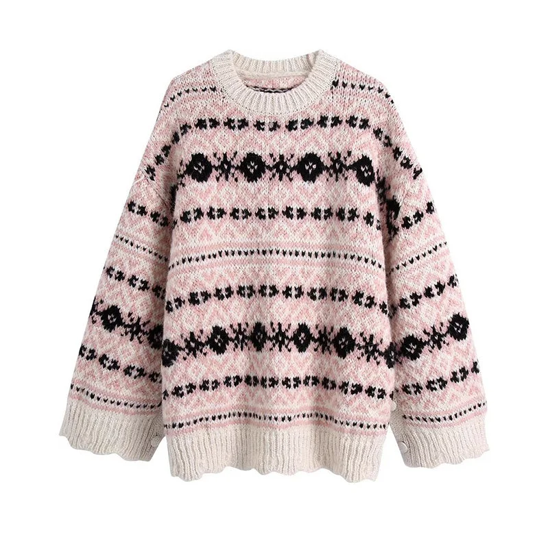 Versatile side slit jacquard loose sweater sweater  7725 Transparent Opaque Sheer