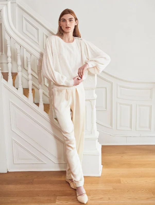 White + Warren - Cashmere Rhinestone Button Pleated Sweater in Soft White Oversized Loose Flowy