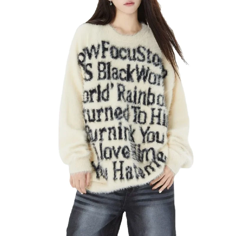 Women's Casual Letter Crew Neck Sweater Turtle Neck Boat Neck Asymmetrical Neck