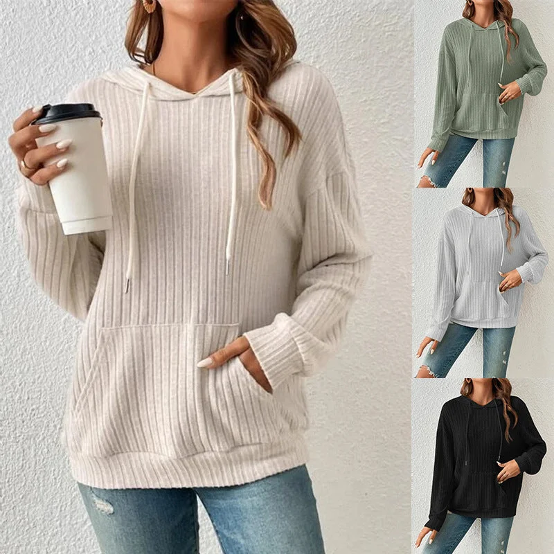 Women's Knitwear Hooded Sunken Stripe Kangaroo Pocket Sweatshirt Hoodie with Hood Adjustable Protection