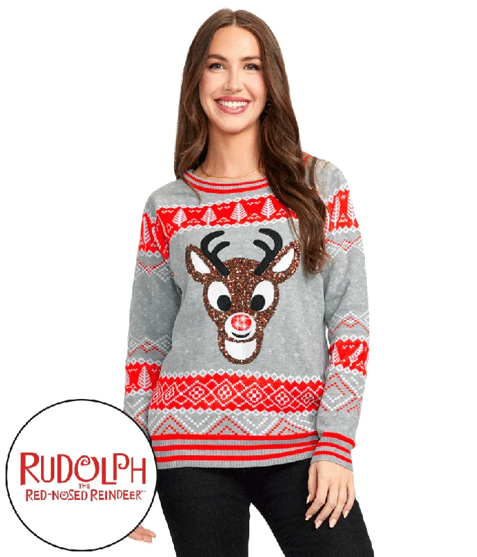 Women's Sequin Rudolph Light Up Ugly Christmas Sweater Front Pockets Side Pockets Patch Pockets