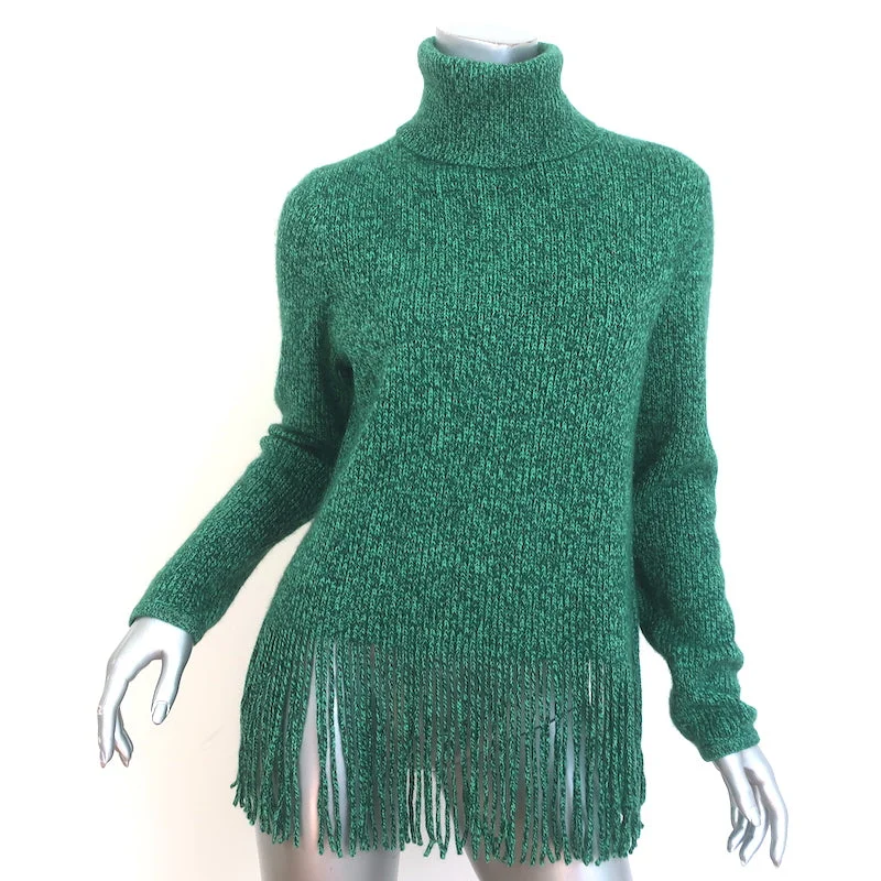 Zimmermann Fringed Turtleneck Sweater Emerald Cashmere-Wool Size 2 Fleece Fabric Down Fabric Feather Fabric