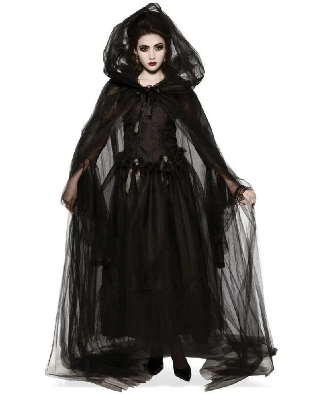 Black Sheer Tulle Hooded Cape Graphic Hoodie Design Print