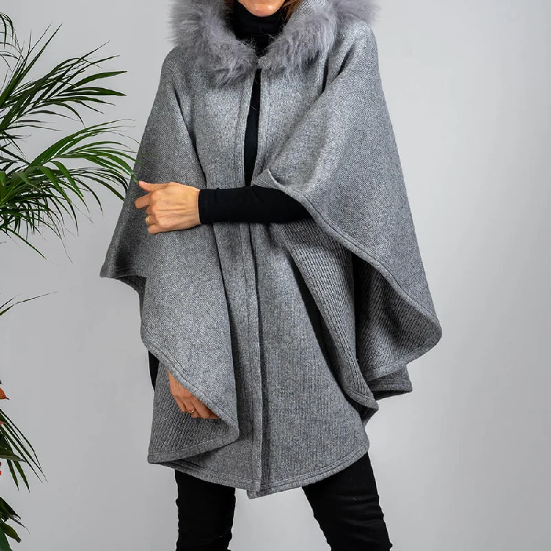 Grey Melange Hooded Cashmere Blend Cape: Cashmere Fur Trim Hoodie with Pattern Geometric Abstract