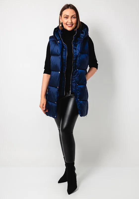 Leon Collection Padded Hooded Gilet, Navy Hoodie with Belted Waist Structured Tailored