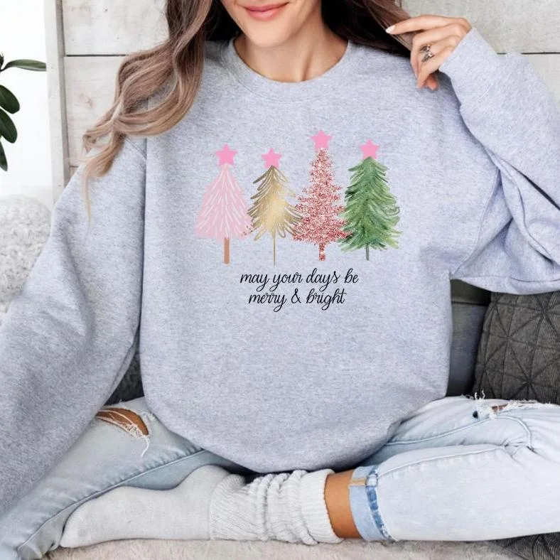 Merry & Bright Christmas Trees Crewneck Sweatshirt Hoodie with Print Artistic Unique