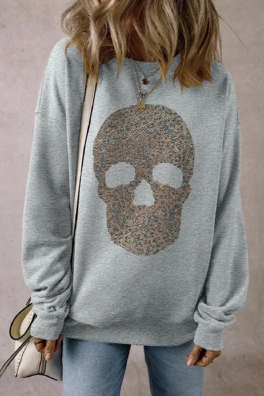 Skull Round Neck Long Sleeve Sweatshirt Hoodie with Lining Warm Insulated