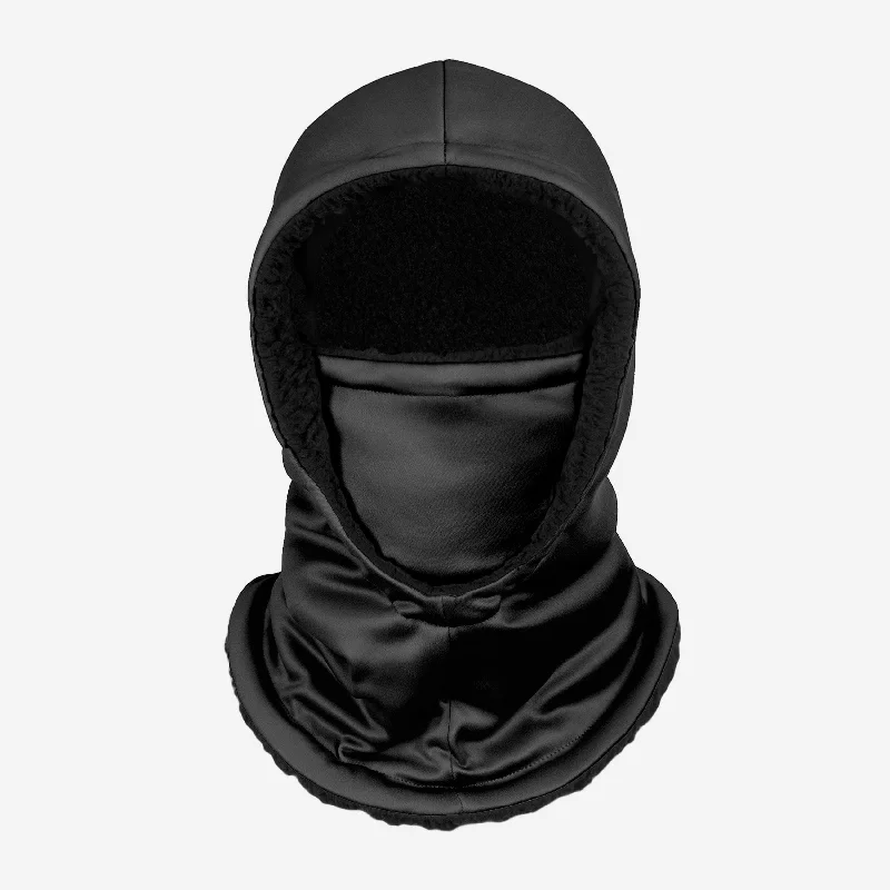 Solid Black Hooded Gaiter Hoodie with Drop Shoulder Relaxed Streetwear