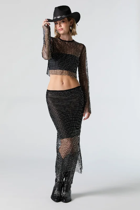 Fishnet Rhinestone Midi Skirt high slit skirt