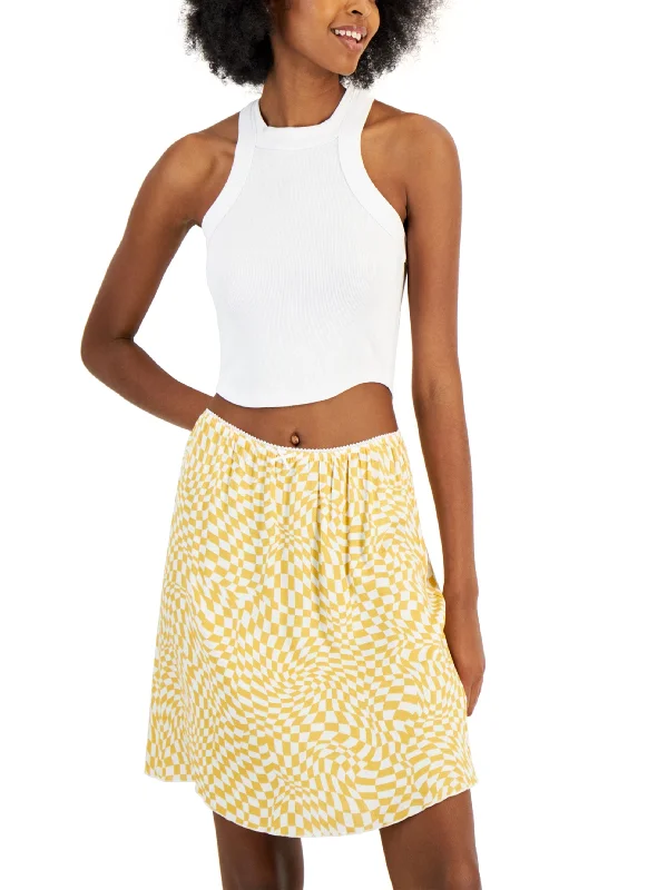 Women's Picot-Trim Checkered Skirt,Yellow/White leather skirt durable