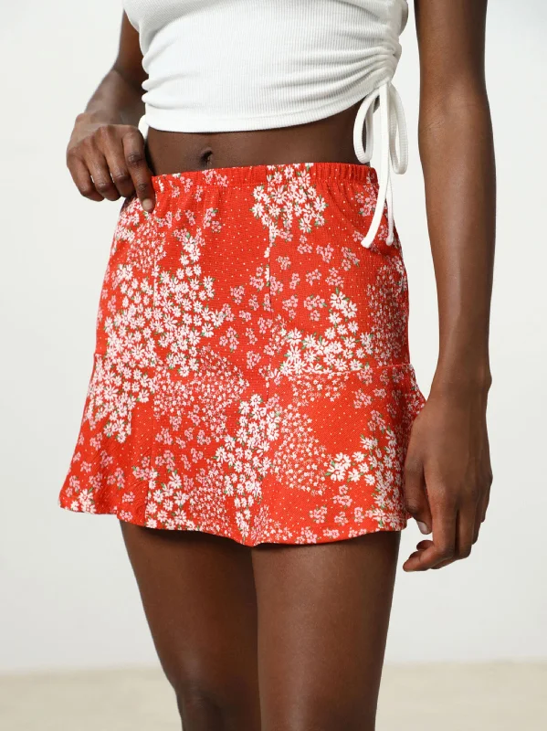 Women's Floral Printed Skirt,Brick tiered skirt playful