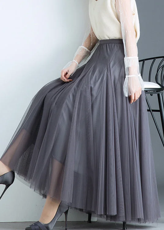 Boho Grey Tulle Pleated A Line Fall Skirts silk skirt sleek