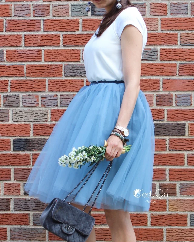 Clarisa Dusty Blue Tulle Skirt - Midi lace skirt romantic