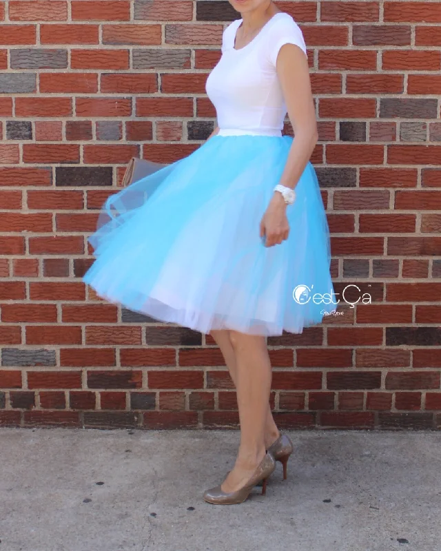 Clarisa Ombré Tulle Skirt - White & Aqua Blue, Midi a-line skirt cut