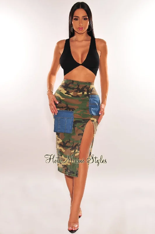 Denim Camo Print Cargo High Waist Slit Pencil Skirt silk skirt elegant