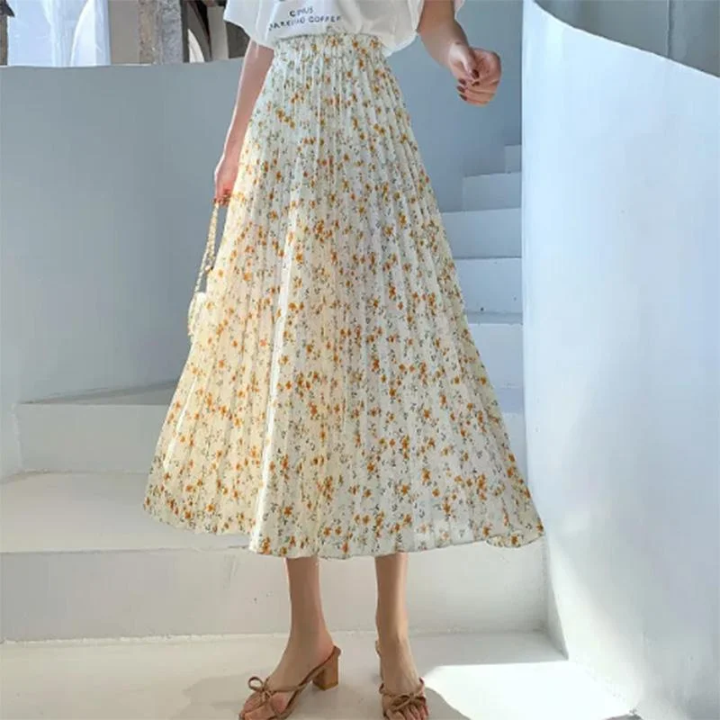 Design Sense Floral Pleated Skirt Women's Spring and Summer Mid-length High Waist All-match Drape A-line Large Swing Skirt leather skirt bold