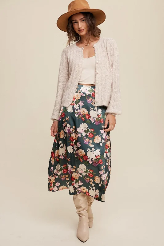 Floral Print Satin Midi Skirt cotton skirt soft