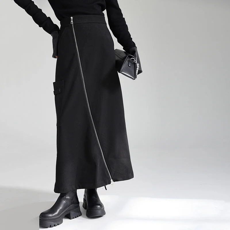 Irregular Long Skirt with Zipper Slit button skirt front