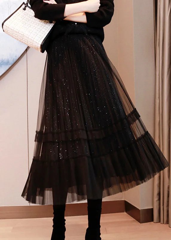 Natural Black Sequins Tulle Tiered Fall Skirt velvet skirt luxurious