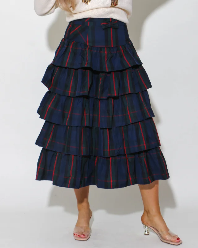 Navy and Green Multi Check Tiered Skirt linen skirt light