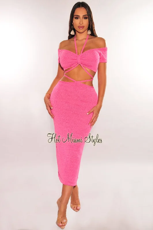 Pink Ribbed Knit Halter Off Shoulder Wrap Around Slit Skirt Two Piece Set wool skirt thick