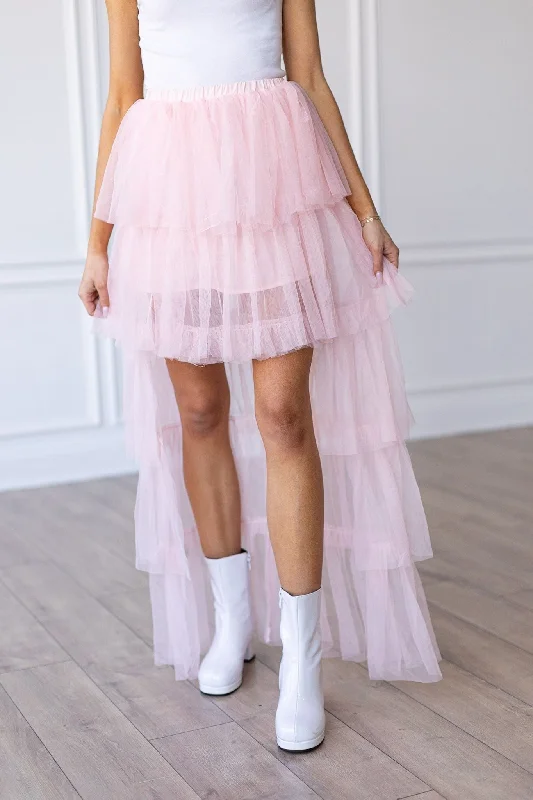 Pink Tulle Ruffled High-Low Skirt cashmere skirt fine