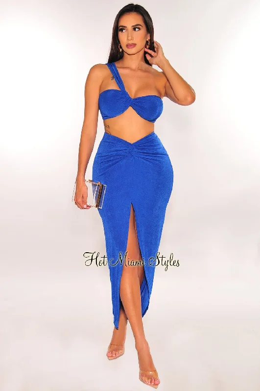 Royal Blue Ribbed One Shoulder Slit Knotted Skirt Two Piece Set lace skirt intricate