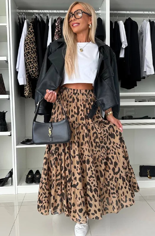 Sandra Leopard Print Tiered Maxi Skirt-Brown wool skirt warm