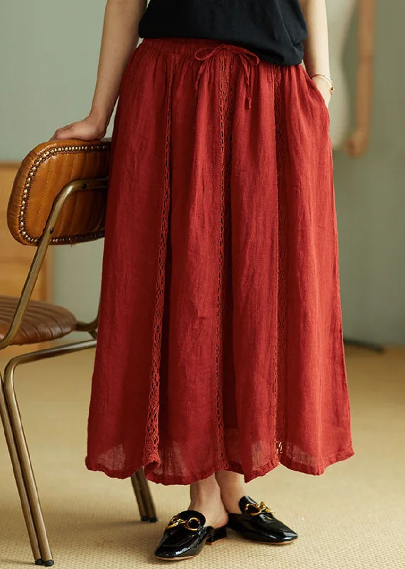 Simple Red lace Patchwork Linen Skirt Spring relaxed fit skirt