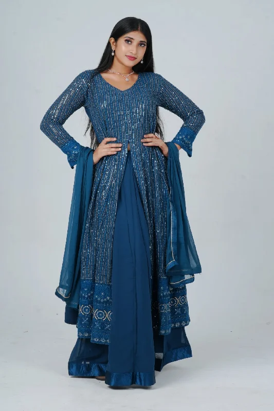 Unique Georgette Salwar Suit with Skirt - Embelished with Sequin Work velvet skirt glossy